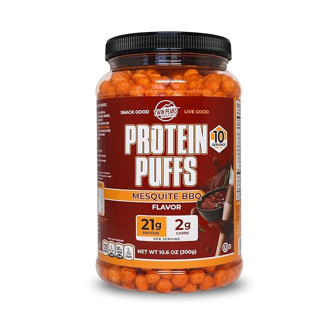Twin Peaks Protein Puffs - (Mesquite Barbecue), Keto Friendly, Low Carb Snack (300g, 21g Protein, 2g Net Carbs, High Protein, Healthy Crunchy Snack)