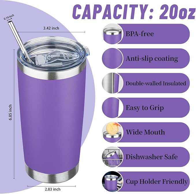 20 oz Tumbler with Lids and Straws, Stainless Steel Insulated Travel Coffee Mug, Double Wall Vacuum Insulated Tumblers, Powder Coated Coffee Tumbler for Cold & Hot Drinks (Purple)