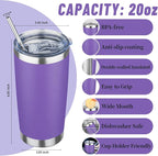 20 oz Tumbler with Lids and Straws, Stainless Steel Insulated Travel Coffee Mug, Double Wall Vacuum Insulated Tumblers, Powder Coated Coffee Tumbler for Cold & Hot Drinks (Purple)