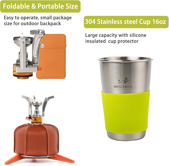 Camping Cookware Mess Kit, 16 pcs Backpacking Cooking Set, Lightweight Camping Pots and Stove Set for 1-2 Person, Outdoor Cooking Gear Ideal for Camping, Hiking, Backpacking and Picnic