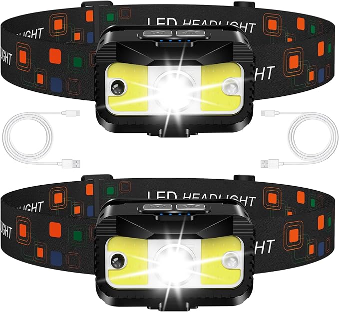 Headlamp Rechargeable, Ultra Bright LED Head Lamp Flashlight with White Red Light, 2 Pack Motion Sensor Waterproof Headlight, 8 Modes Lights for Camping Fishing Running