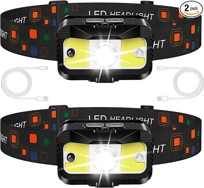 Headlamp Rechargeable, Ultra Bright LED Head Lamp Flashlight with White Red Light, 2 Pack Motion Sensor Waterproof Headlight, 8 Modes Lights for Camping Fishing Running