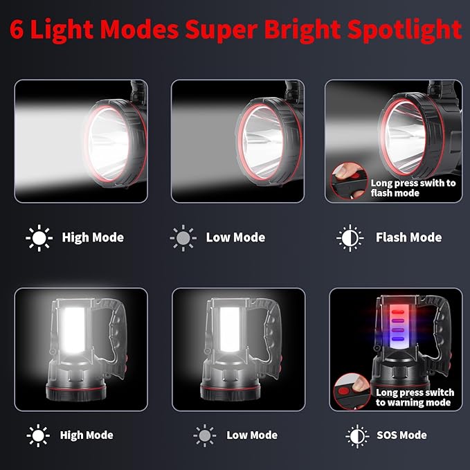 Superbright LED Handheld Searchlight Tactical Waterproof Spotlight High Power Rechargeable Flashlights with Side Light USB Power Charger (White Light)