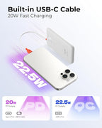 Slim Portable Charger 10000mAh, Travel Power Bank with Built-in USB-C Cable & LED Display, 22.5W Fast Charging Battery Pack Compatible with iPhone 16 15 Samsung S24 S23 -White