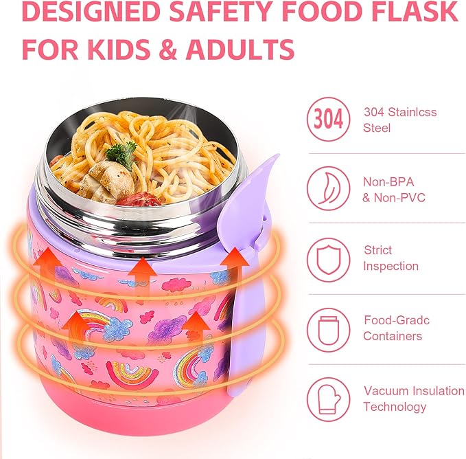 10oz Soup Thermo for Hot Food Kids Insulated Food Jar,Thermo Hot Food Lunch Container, Width Mouth Stainless Steel Lunch Box for Kids with Spoon (Pink-rainbow)
