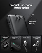 VRURC Portable Charger 20000mAh, Fast Charging Power Bank USB C,4 Output 2 Input Travel Essentials Charging Bank Equipped with LED Display,Built-in Wall Plug and Cables,Phone Charger Battery,Black