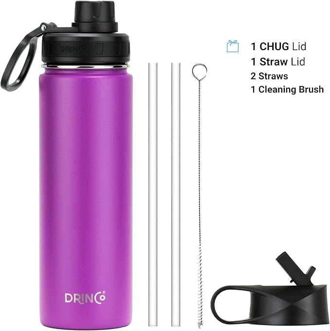 DRINCO Stainless Steel Water Bottle Spout Lid Vacuum Insulated Double Wall Water Bottle Wide Mouth (40oz 32oz 22oz 18oz 14oz) Leak Proof Keep Cold Sport Camping Hiking (22 oz, 22oz Purple)