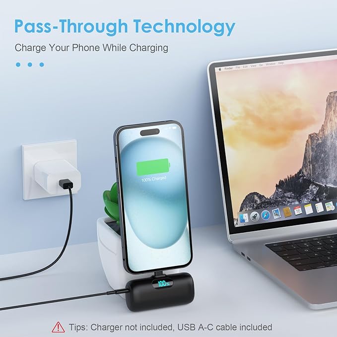 Mini Portable Charger USB C Power Bank,Upgraded 5000mAh PD Fast Charging Battery Pack Built-in USB-C Connector,LCD Display,Compatible with iPhone16,16 Plus,16Pro/Max/15,iPad Pro/Air,Android Phone etc