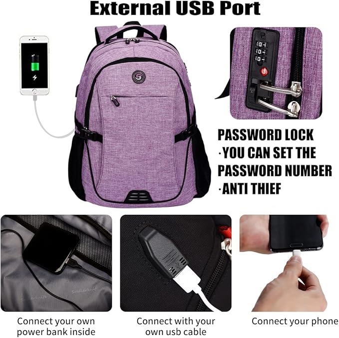 SHRRADOO Anti Theft Laptop Backpack Travel Backpacks with usb Charging Port for Women Men High School College Backpack Computer Bag Fits 17 Inch Laptop,Purple | Travel Backpacks, usb Charging Port, College Backpack, Computer Bag
