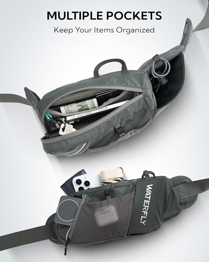 WATERFLY Fanny Pack Waist Bag: Hiking Water Bottle Holder with Strap Waist Pack for Women Men Hydration Hip Packs for Running Walking Traveling-Gray