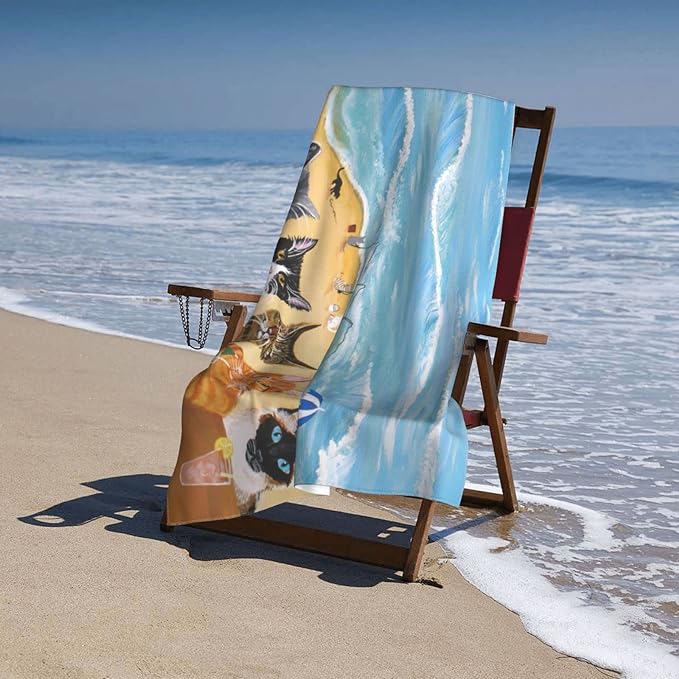 Cat Microfiber Beach Towel for Women, Adults - Cute Personalized, Oversized, Quick Dry, Sand Free - 30"x 60"