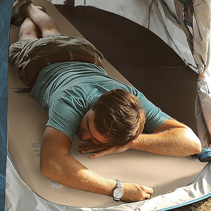 INVOKER 3.15" Self-Inflating Camping Sleeping Pad, Ultra-Thick Foam Fast Inflating Camping Mat Air Mattress with Pillow, 4-Season Insulated for Tent, Car, Camping, Travel, Khaki with Pink-Orange