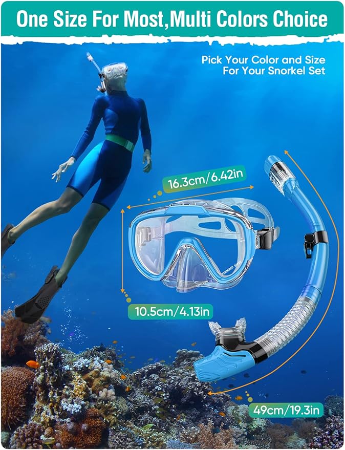 Snorkel Set Adults Snorkeling Gear Anti-Fog Panoramic View Swim Mask Dry Top Snorkel Kit with Carry Bag for Snorkeling Scuba Diving Swimming Travel