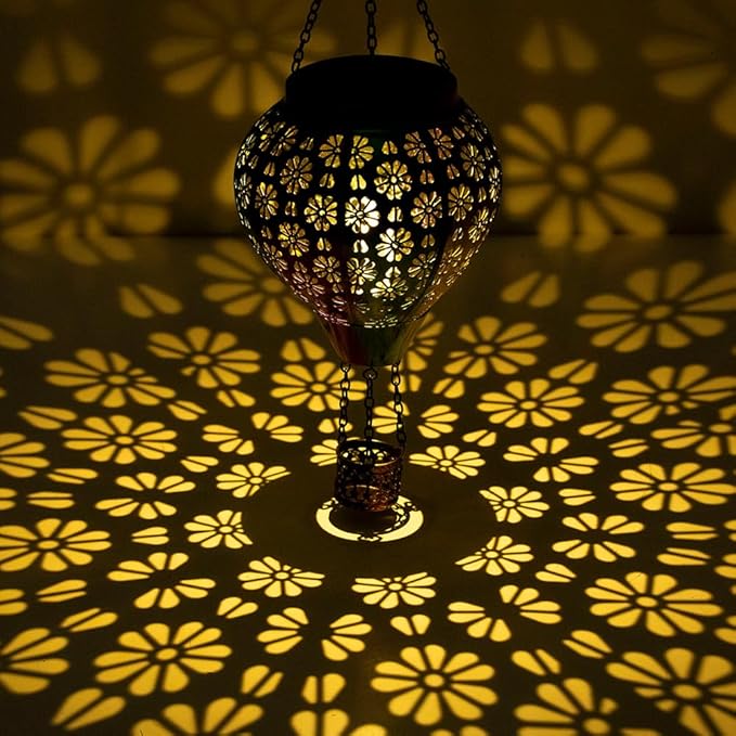 Stargarden Hot Air Balloon Solar Lantern, Flower Hollow Out Lanterns Decorative Outdoor, Colorful Hot Air Balloon Handmade Lighting Products, Metal Solar Hanging Lights Outdoor for Yard
