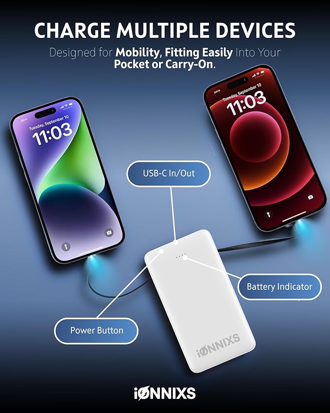 Portable Charger with Built in Cable - 10000mAh Ultra-Slim Portable Charger Power Bank with USB-C Cable, Lightning Cable - Fast Charge 20W - LED Battery Indicator, Power Bank (Gray, 10.000mAh)