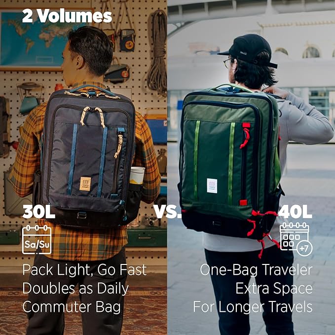 Topo Designs Global Travel Bag – 30L or 40L - Carry-On Compliant Most Airlines, Durable Travel Duffel Bag, Clam Shell Main Pocket, Laptop Sleeve, Backpack, Luggage (40L / Navy/Sahara)