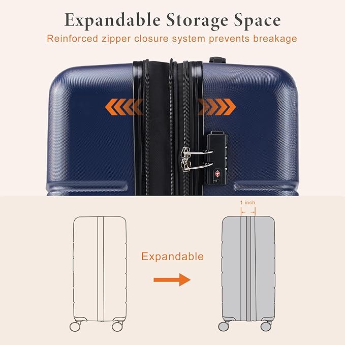 Sweetcrispy Carry on Luggage, Hard Shell ABS Suitcase with Double Spinner Wheels, Lightweight Expandable Rolling Suit Case with TSA Lock, 20 Inch Navy Blue