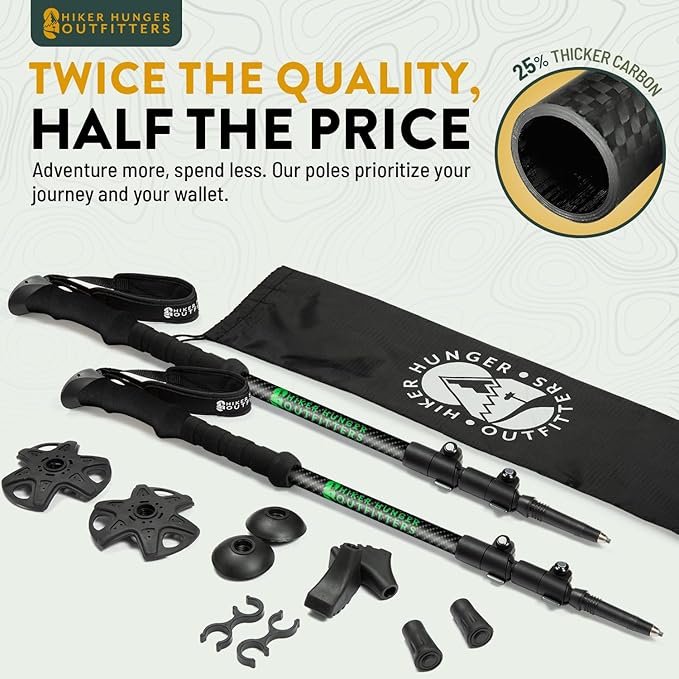 100% Carbon Fiber Trekking Poles by USA Brand - Ultra Strong Lightweight Collapsible Hiking Poles with Cork and EVA Foam Grips & Quick Adjustable Flip Locks