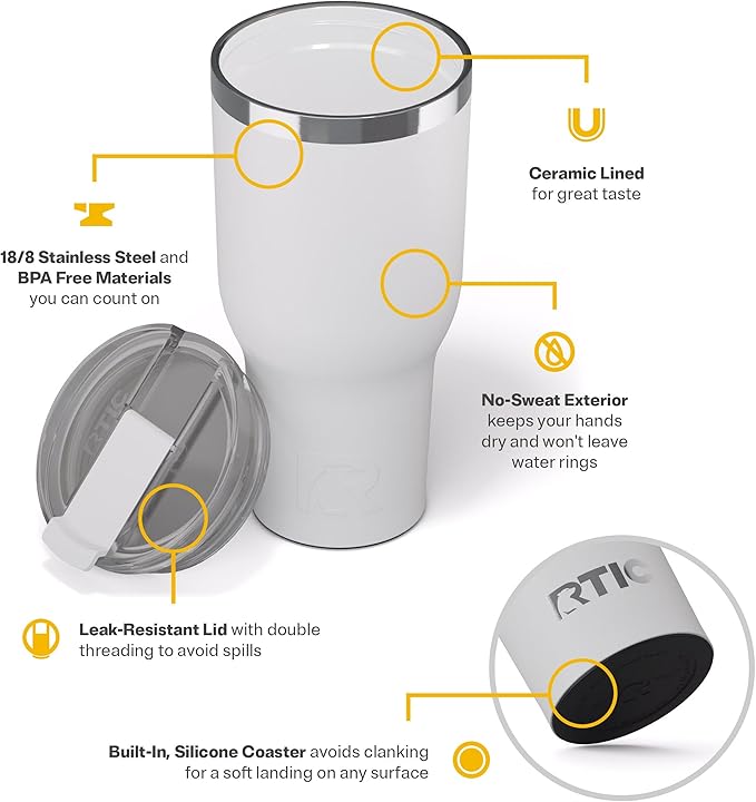 RTIC 40oz Essential Tumbler with Lid, Ceramic Lined, Insulated, Stainless Steel, Metal, Double Wall Vacuum-Insulation, Travel Cup for Iced Coffee, Tea, Hot and Cold Drink, White