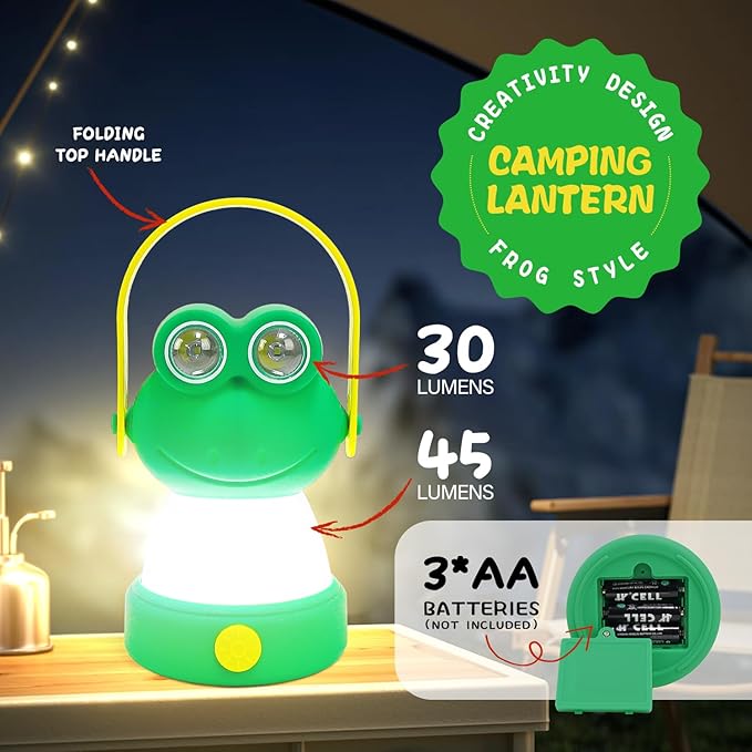 Outdoor Equipment LED Camping Lantern & Headlamp Set for Kids, Battery Powered Night Light, Theme Gift for Children's Day, Birthday, Lightweight Tent Lamp for Children (Frog Set)