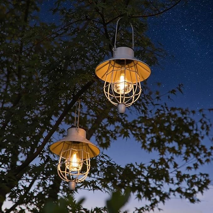 YAKii 2 Pack Solar Lantern Hanging Waterproof Outdoor Metal Solar Lamp with Warm White Light Decorate for Yard Garden Pathway Patio Porch Decor (White)