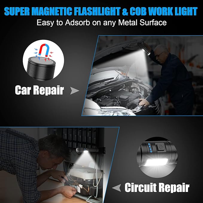 Magnetic Flashlight Rechargeable, High Lumens Super Bright Small LED Pocket Flashlights with COB Side Light, Type C, Zoomable, 7 Modes, IPX7 Waterproof Best Tactical Flash Light for Camping