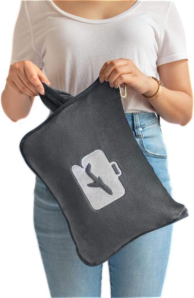EverSnug Travel Blanket and Pillow Value Bundle - 2 in 1 Airplane Blanket with Soft Bag Pillowcase, Hand Luggage Sleeve and Backpack Clip | Color Includes Teal & Grey