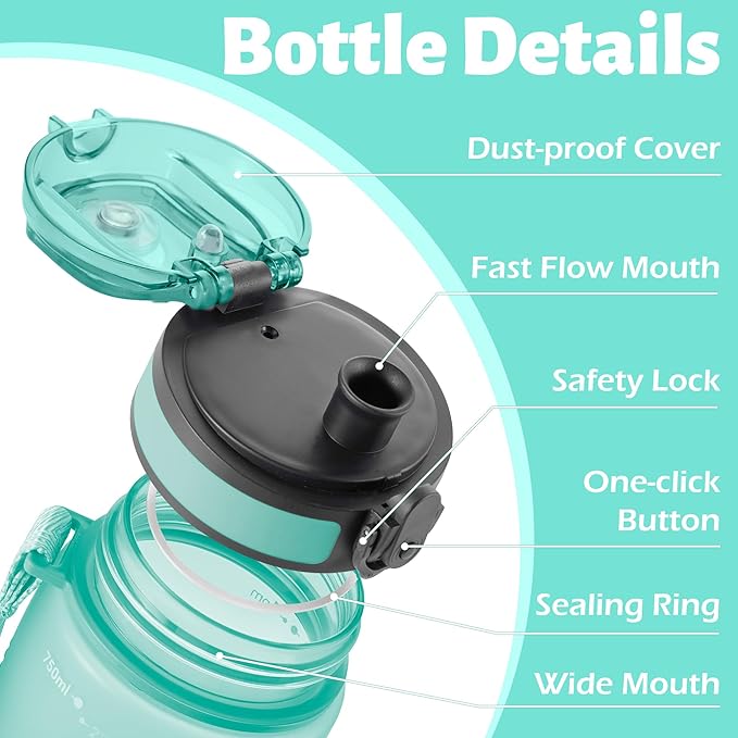 OLDLEY 25 oz Water Bottle, Motivational Water Bottle with Time Marker, Sports Water Bottle With Strap, Leakproof & BPA Free Large Water Bottles for School, Gym, Travel, Outdoor, Tritan,Green