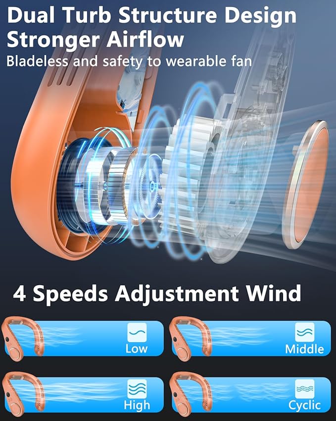 Neck Fan Rechargeable,Portable Neck Fans that Blow Cold Air,Ice Piece of Metal Cool Plates AC Condition,Bladless Coldest Wear USB C Charger Adjustable Breezers Tool for Travel Camping Outdoor Orange