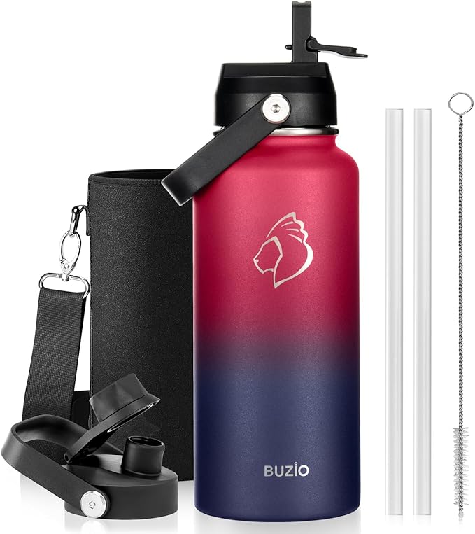 BUZIO 32oz Insulated Water Bottle, Triple Wall Vacuum Stainless Steel Water Flask with Straw Lid, BPA-Free Leakproof Sports Canteen for Sports Hiking, Cold 48H & Hot 24H- Ruby Red Navy