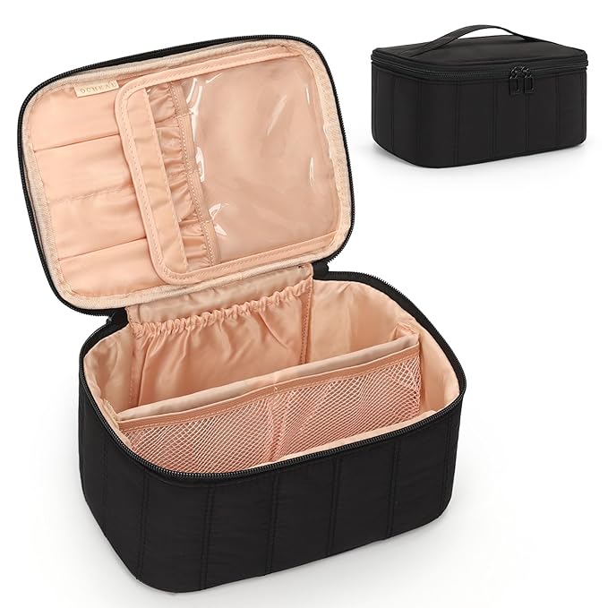 OCHEAL Black Makeup Bag - Portable and Spacious Cosmetic Organizer for Women's Travel with Handle, Divider, Large Capacity for Girls on the Go-Black