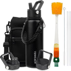 Insulated Water Bottle 40oz,Triple Wall Vacuum Stainless Steel(Dishwasher Safe),Leak Proof & Non-BPA,Flask Jug with Paracord Handle & Straw Spout Lids Sports Black