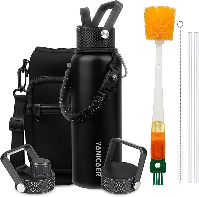 Insulated Water Bottle 40oz,Triple Wall Vacuum Stainless Steel(Dishwasher Safe),Leak Proof & Non-BPA,Flask Jug with Paracord Handle & Straw Spout Lids Sports Black