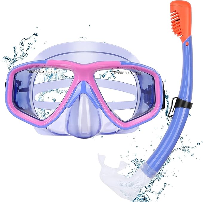 Youth Snorkel Set for Ages 7-16, Snorkeling Gear for Kids with Panoramic View Mask Anti-Fog Anti-Leak Full Dry Top Snorkel Fins Travel Bag for Swimming Diving