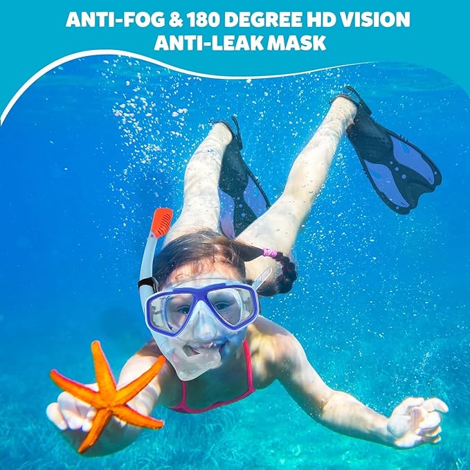 Youth Snorkel Set for Ages 7-16, Snorkeling Gear for Kids with Panoramic View Mask Anti-Fog Anti-Leak Full Dry Top Snorkel Fins Travel Bag for Swimming Diving