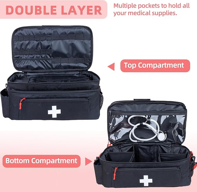 First Aid Bag Empty Large Medical Bag with Shoulder Strap 16”x 9.5” x 7” Medicine Organizer Travel First Aid kit Emergency Supplies Storage Bag for Car, Home, Office, Outdoor (Black)