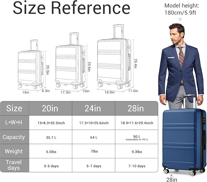 Kono 3 Piece Luggage Sets Expandable(only 28") Lightweight with Spinner Wheels TSA Lock Hardside Travel Rolling Suitcases 20in 24in 28in Carry on Navy