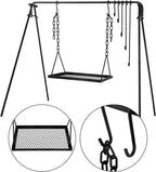 Bruntmor Grill Swing Campfire Cooking Stand BBQ Grill for Cookware & Dutch Oven Adjustable Collapsible Legs with Hooks & Accessories & Carrying Case Black
