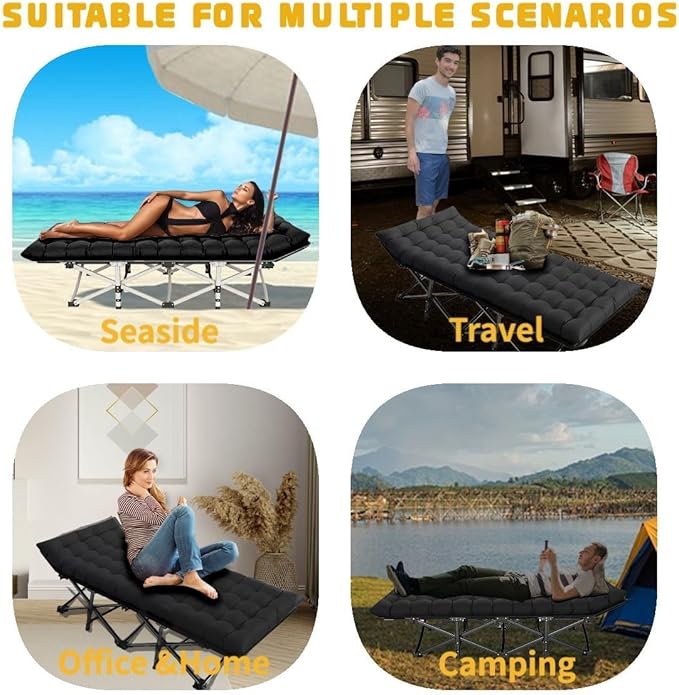 Oversized XXL Camping Cot, Folding Cot Camping Cots for Adults Portable Folding Outdoor Bed with Mat and Carry Bag, Heavy Duty Sleeping Cots for Outdoor Travel Camp Beach Vacation (Black)
