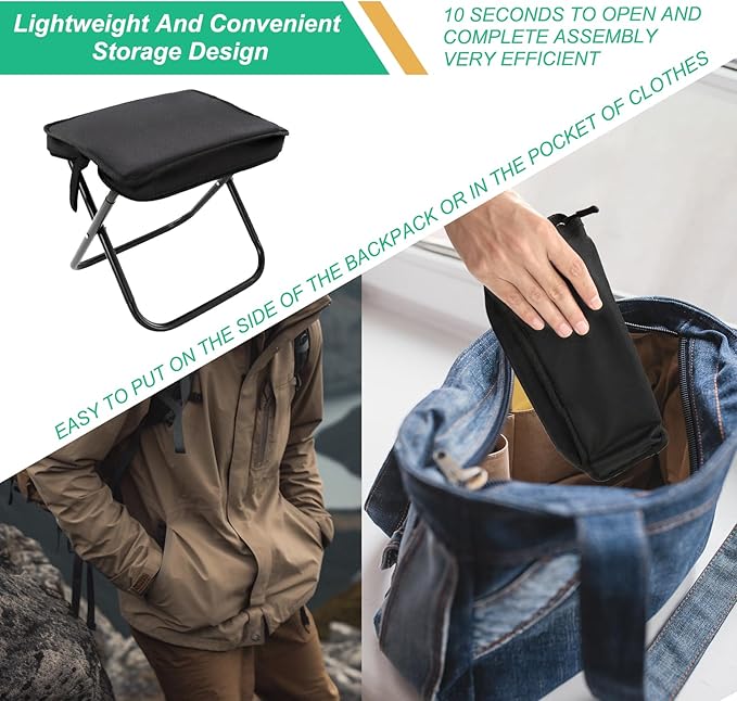 Pocket Chair, Black Portable Stool, Purse Chair, Lightweight and Foldable, High Load-Bearing Capacity, with A Handbag, Suitable for Traveling, Camping and Mountain Climbing
