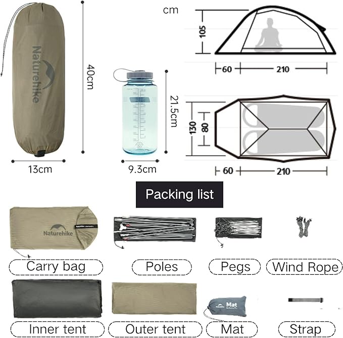 Naturehike 2024 Cloud up Pro Tent, Upgrade Ultralight Tents,1.23kg/2.7lbs,Double 1 Person Tent,for Cycle Camping,Backpacking,Hiking,Self-Standing, Construction,Easy Set up