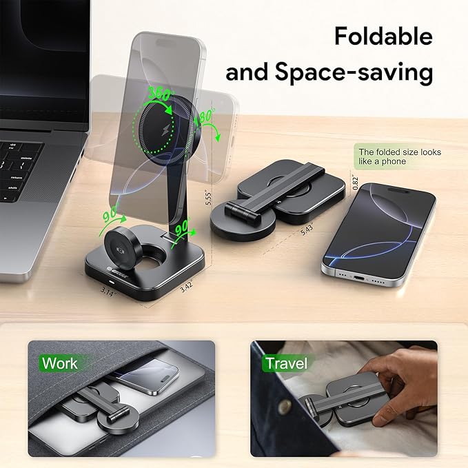 Esoulk 2 in 1 Wireless Charger for iPhone & Watch, 15W Fast Charging for Phone & 5W for Watch, Magnetic Wireless Charger Stand, Compact Foldable Charging Station for Travel