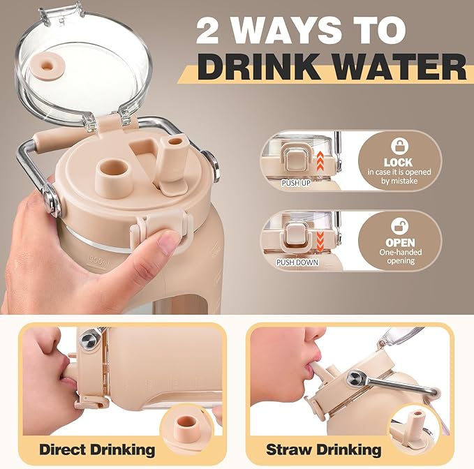 BLUEGO 64oz Water Bottle Glass with Stainless Steel Handle Large Water Bottle with Time Markers and Silicone Sleeve Half Gallon Water Jug BPA Free for Gym Daily Use, Amber