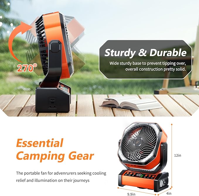 Camping LED Fan with Light, 20000mAh Rechargeable Battery Powered Outdoor Tent Fan with Light and Hook, 8 Speed, Personal USB Desk Fan for Camping, Fishing, Power Outage,Hurricane, Worksite