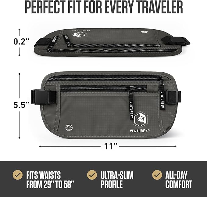 VENTURE 4TH Money Belt for Travel – Slim Hidden Under-Clothes RFID Blocking Anti-Theft Passport Holder & Travel Wallet Pouch for Men & Women to Protect Cash, Cards & Documents (Gray)