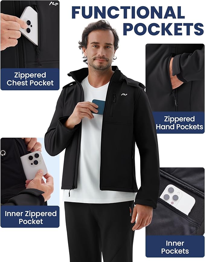WULFUL Men's Softshell Jacket Waterproof Lightweight Insulated Windbreaker Fleece Lined Rain Shell Jacket for Hiking Travel