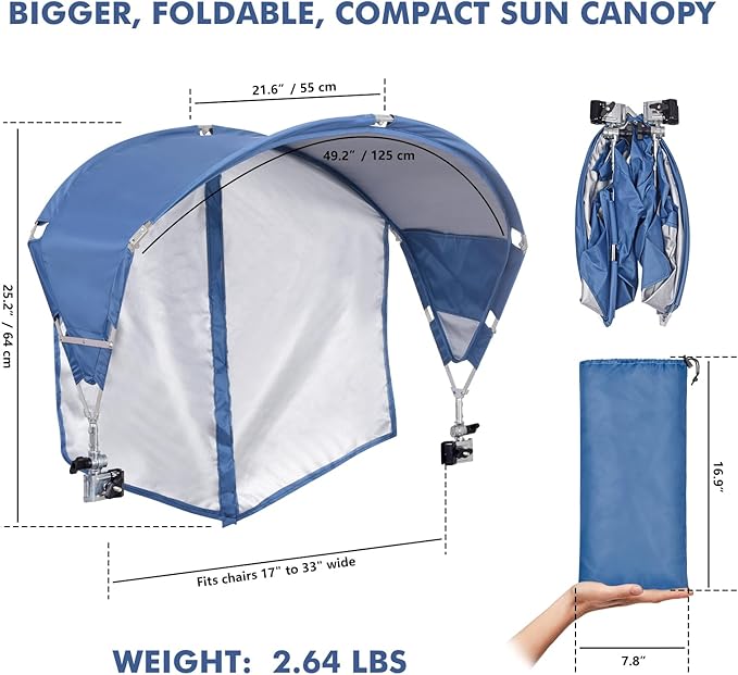 Universal Chair Umbrella Canopy, UPF 50+ Sun Shade with Adjustable Clamp, Fits Most Brands’ Beach, Camping, Lawn, Tanning, Zero Gravity, Lounge & Fishing Chairs, Patent Design