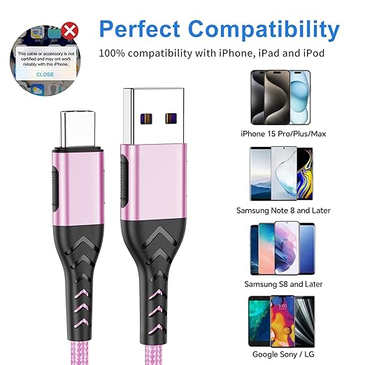 Durcord 2Pack 3ft USB A to USB C Cable, USB Type C Cord Cable for Android Phone Pad Laptop, Type C Charger Braided Compatible with iPhone 15 Pro/Plus/Max/Android/Phone/Pad-Rose Gold
