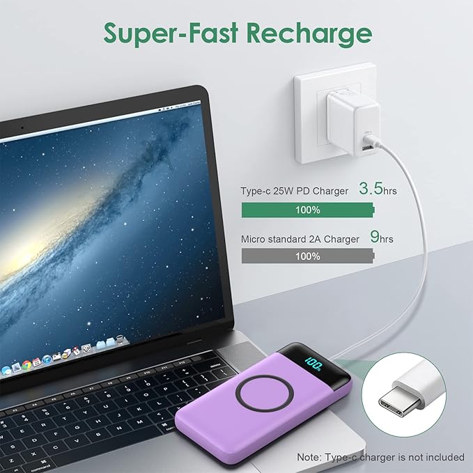 Wireless Portable Charger 30,800mAh 15W Wireless Charging 25W PD QC4.0 Fast Charging Smart LED Display USB-C Power Bank,4 Output& 2 Input External Battery Pack Compatible with iPhone, Samsung -Purple
