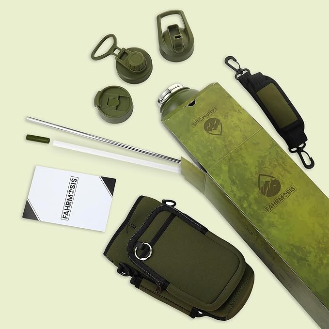 40 Oz Water Bottle with Strap Stainless Steel Sports Water Bottle with 3 Lids (Straw, Chug and Flip Lid) Insulated Leak Proof Metal Jug for Men & Women - Army Green
